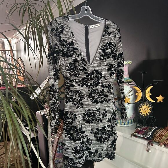 Y2K Mystic Elegant Black and Gray Velvet Floral Dress M - Picture 10 of 16